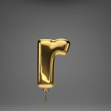 Altın parlak küçük harf R koyu arka plan üzerinde izole. 3d işlenmiş alfabe. Altın kurdele ile şişirilmiş ballon yazı tipi.