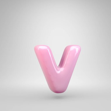 Bubble Gum pembe harf V küçük beyaz arka plan üzerinde izole. 3d işlenmiş alfabe. Reklam, poster, kapak, harf tasarımı şablon öğesi için modern yazı tipi.