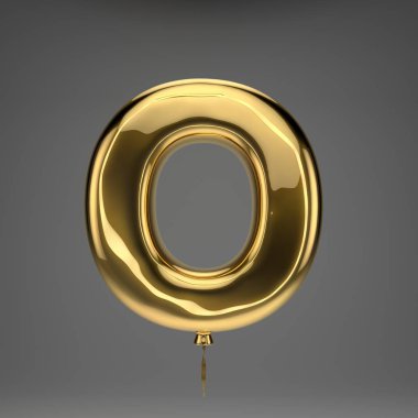Altın parlak büyük harf O koyu arka plan üzerinde izole. 3d işlenmiş alfabe. Altın kurdele ile şişirilmiş ballon yazı tipi.