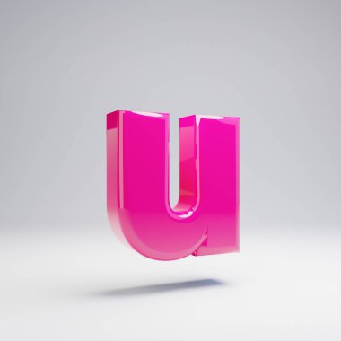 Hacimsel parlak pembe küçük harf U beyaz arka plan üzerinde izole. 3d işlenmiş alfabe. Afiş, poster, kapak, logo tasarımı şablon öğesi için modern yazı tipi.