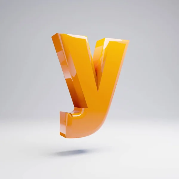 ボリューム光沢のあるホットオレンジ小文字Yは 白い背景に隔離されています レンダリングアルファベット バナー ポスター カバー ロゴデザインテンプレート要素のためのモダンフォント — ストック写真