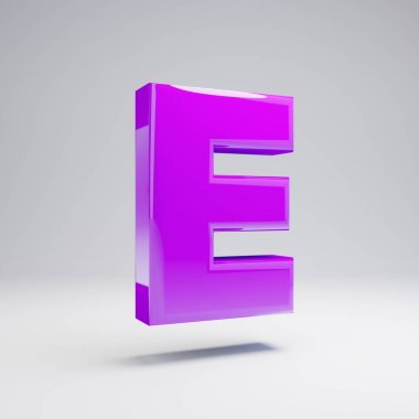 Hacimsel parlak mor büyük harf E beyaz arka plan üzerinde izole. 3d işlenmiş alfabe. Afiş, poster, kapak, logo tasarımı şablon öğesi için modern yazı tipi.