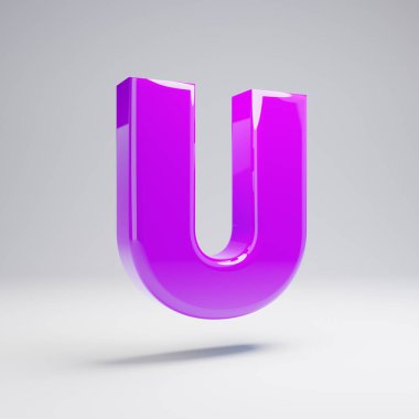 Hacimsel parlak mor büyük harf U beyaz arka plan üzerinde izole. 3d işlenmiş alfabe. Afiş, poster, kapak, logo tasarımı şablon öğesi için modern yazı tipi.