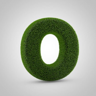 Hacimsel yeşil yosun büyük harf O beyaz arka plan üzerinde izole. 3d işlenmiş çim alfabesi. Afiş, poster, kapak, logo tasarımı şablon öğesi için eko yazı tipi.