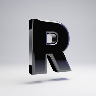 Hacimsel parlak siyah büyük harf R beyaz arka plan üzerinde izole. 3d işlenmiş alfabe. Afiş, poster, kapak, logo tasarımı şablon öğesi için modern yazı tipi.