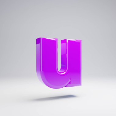 Hacimsel parlak mor küçük harf U beyaz arka plan üzerinde izole. 3d işlenmiş alfabe. Afiş, poster, kapak, logo tasarımı şablon öğesi için modern yazı tipi.