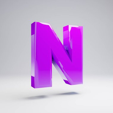 Hacimsel parlak mor büyük harf N beyaz arka plan üzerinde izole. 3d işlenmiş alfabe. Afiş, poster, kapak, logo tasarımı şablon öğesi için modern yazı tipi.