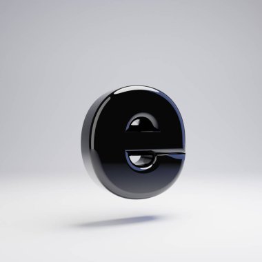 Hacimsel parlak siyah küçük harf E beyaz arka plan üzerinde izole. 3d işlenmiş alfabe. Afiş, poster, kapak, logo tasarımı şablon öğesi için modern yazı tipi.