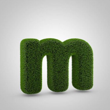 Hacimsel yeşil yosun küçük harf M beyaz arka plan üzerinde izole. 3d işlenmiş çim alfabesi. Afiş, poster, kapak, logo tasarımı şablon öğesi için eko yazı tipi.
