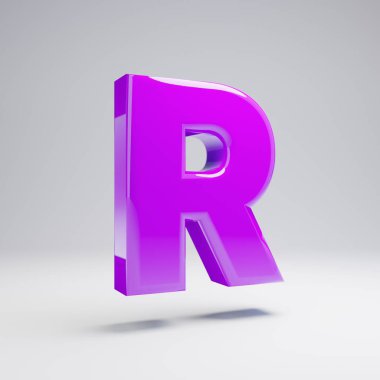 Hacimsel parlak mor büyük harf R beyaz arka plan üzerinde izole. 3d işlenmiş alfabe. Afiş, poster, kapak, logo tasarımı şablon öğesi için modern yazı tipi.