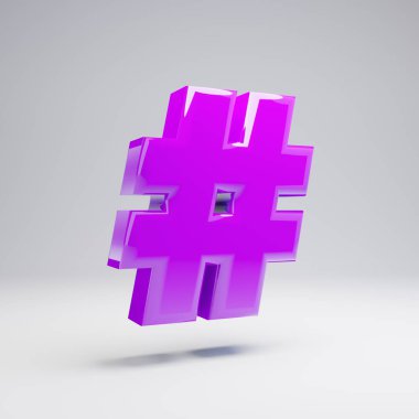 Beyaz arka planda izole hacimsel parlak mor hashtag sembolü. 3d işlenmiş alfabe. Afiş, poster, kapak, logo tasarımı şablon öğesi için modern yazı tipi.