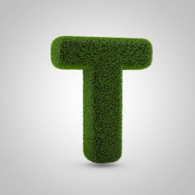 Hacimsel yeşil yosun büyük harf T beyaz arka plan üzerinde izole. 3d işlenmiş çim alfabesi. Afiş, poster, kapak, logo tasarımı şablon öğesi için eko yazı tipi.