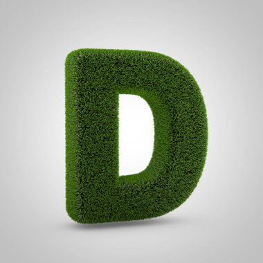Hacimsel yeşil yosun büyük harf D beyaz arka plan üzerinde izole. 3d işlenmiş çim alfabesi. Afiş, poster, kapak, logo tasarımı şablon öğesi için eko yazı tipi.