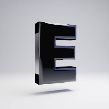 Hacimsel parlak siyah büyük harf E beyaz arka plan üzerinde izole. 3d işlenmiş alfabe. Afiş, poster, kapak, logo tasarımı şablon öğesi için modern yazı tipi.