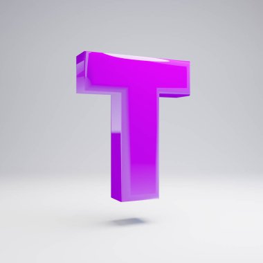 Hacimsel parlak mor büyük harf T beyaz arka plan üzerinde izole. 3d işlenmiş alfabe. Afiş, poster, kapak, logo tasarımı şablon öğesi için modern yazı tipi.