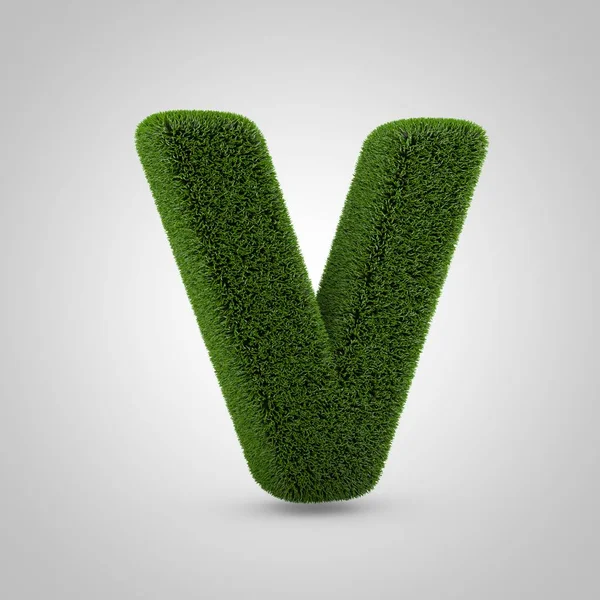 Volumetric green moss uppercase letter V isolated on white background. 3D rendered grass alphabet. Eco font for banner, poster, cover, logo design template element.