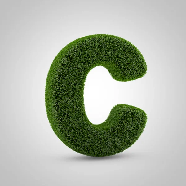 Volumetric green moss uppercase letter C isolated on white background. 3D rendered grass alphabet. Eco font for banner, poster, cover, logo design template element.