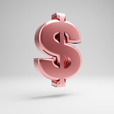 Beyaz arka planda izole hacimsel parlak Rose Gold dolar sembolü.