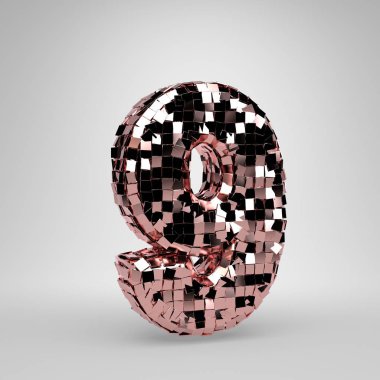 Rose Gold Disco topu beyaz arka planda 9 numara. 3d işlenmiş alfabe.
