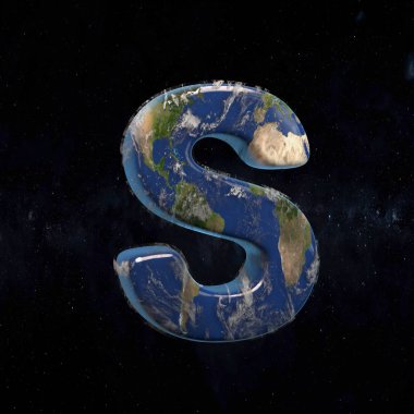 Toprak büyük harf S harfi karanlık uzay arka planda izole.