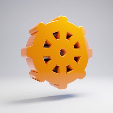 Beyaz arka planda izole hacimsel parlak sıcak turuncu Dharmachakra simgesi.