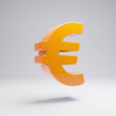 Beyaz arka planda izole hacimsel parlak sıcak turuncu Euro simgesi.