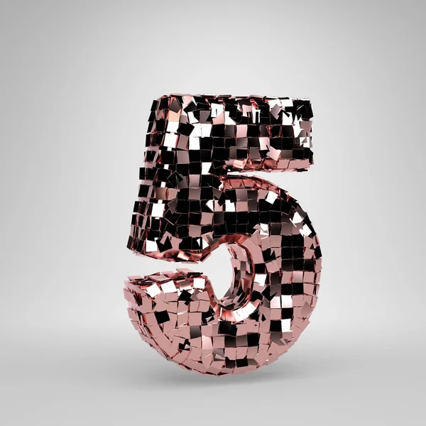 Rose Gold Disco ball number 5 on white background. 3D rendered alphabet.