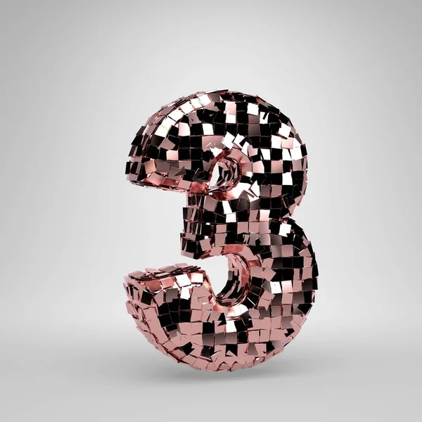 흰색 배경에 로즈 골드 디스코 공 번호 3. 3d 렌더링 된 알파벳. — 스톡 사진