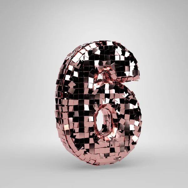 Rose Gold Disco ball number 6 on white background. 3D rendered alphabet.