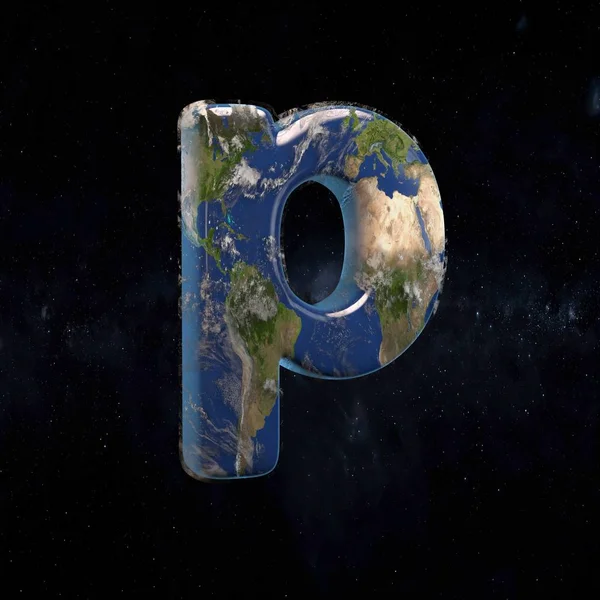 Earth lowercase letter P isolated on dark space background.