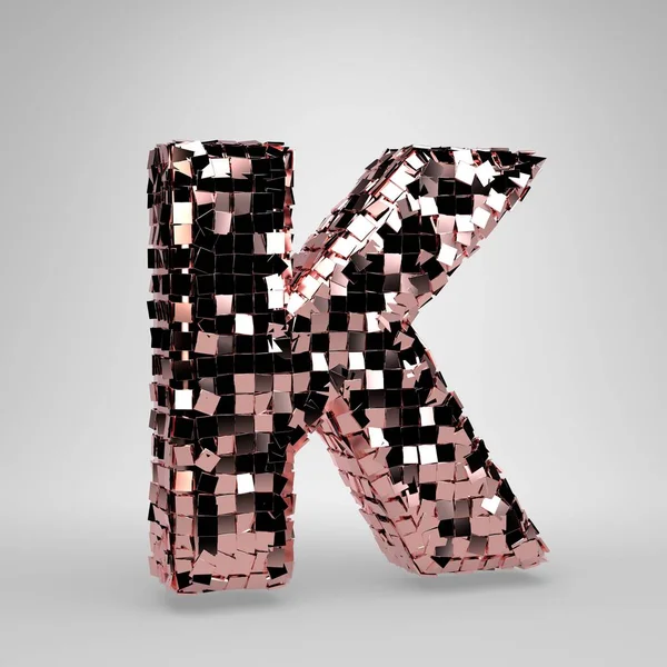 Rose Gold Disco ball uppercase letter K isolated on white background. 3D rendered alphabet.