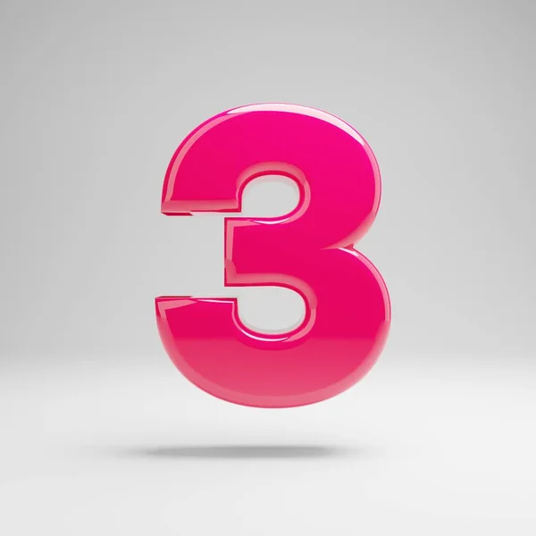 光沢のあるピンクのナンバー3は、白い背景に隔離. — ストック写真