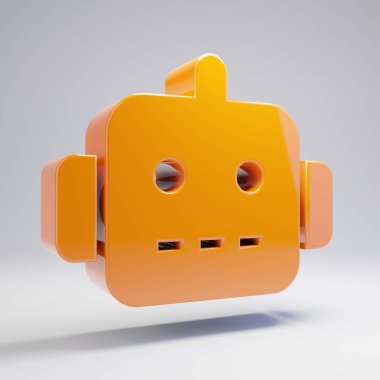 Beyaz arka planda izole Volumetric parlak sıcak turuncu robot simgesi.