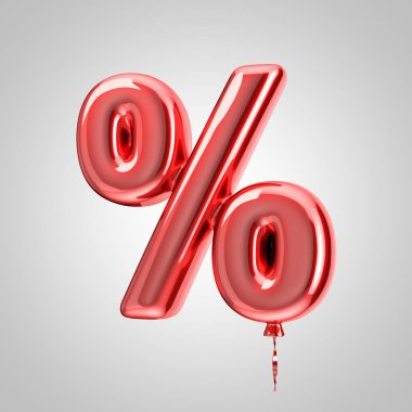 Parlak metalik kırmızı balon yüzde sembolü beyaz arka plan üzerinde izole