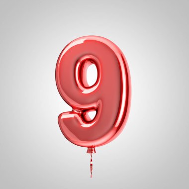 Parlak metalik kırmızı balon sayısı 9 beyaz arka plan üzerinde izole