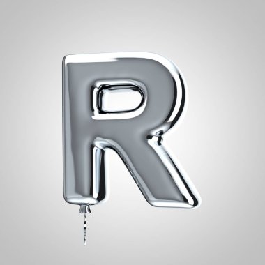 Parlak metalik krom balon harf R büyük harf beyaz arka plan üzerinde izole