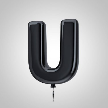 Parlak metalik siyah balon harf U büyük harf beyaz arka plan üzerinde izole