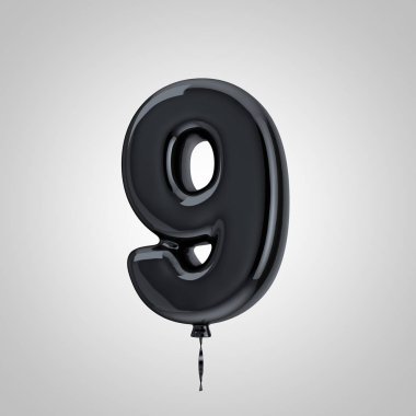 Parlak metalik siyah balon sayısı 9 beyaz arka plan üzerinde izole