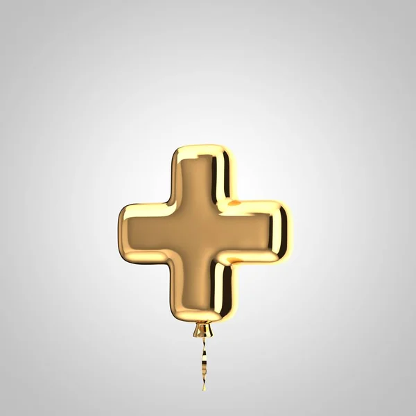 Блестящий металлический золотой шарик плюс символ на белом фоне — стоковое фото