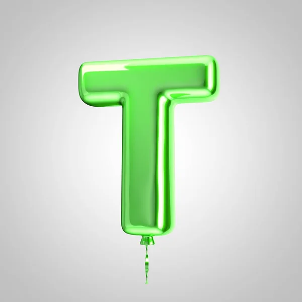 Shiny metallic green balloon letter T uppercase isolated on white background — Stock Photo, Image