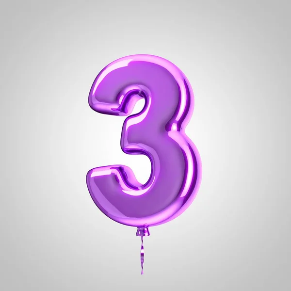 Ballon violet métallique brillant numéro 3 isolé sur fond blanc — Photo