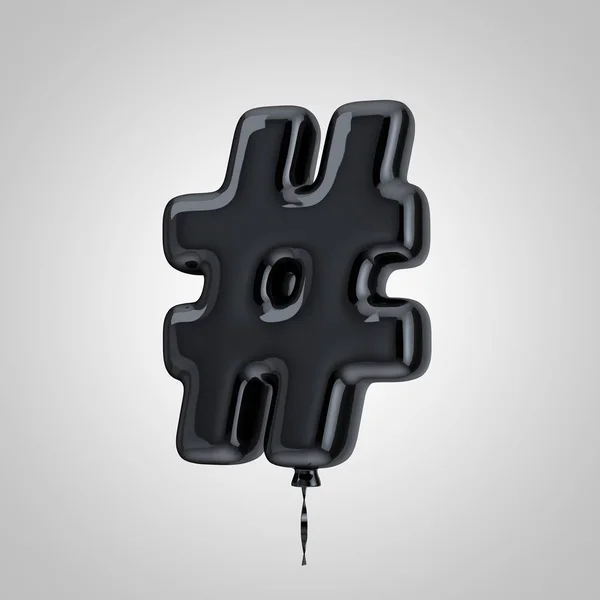 Shiny metallic black balloon hashtag symbol isolated on white background