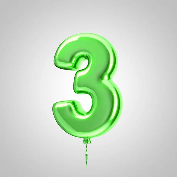 Metallisch glänzender grüner Ballon Nummer 3 isoliert auf weißem Hintergrund — Stockfoto