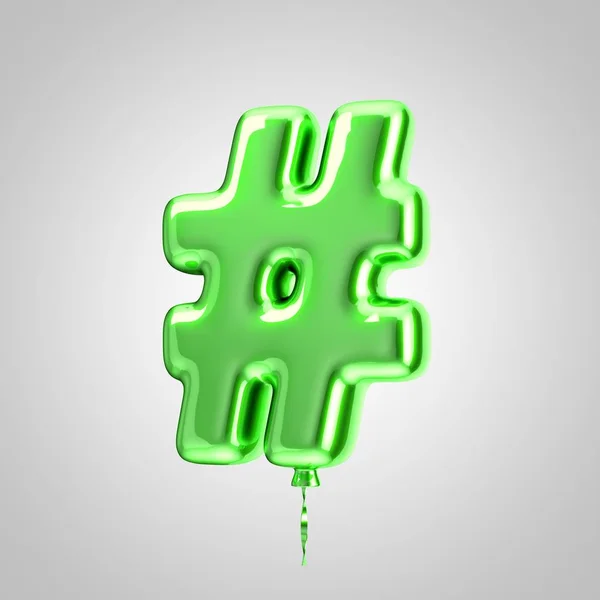 Shiny metallic green balloon hashtag symbol isolated on white background