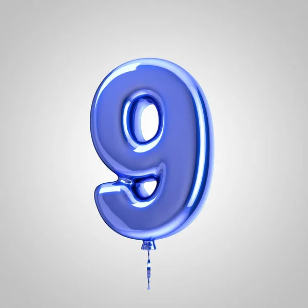 Błyszcząca metaliczna niebieska balon numer 9 na białym tle — Zdjęcie stockowe
