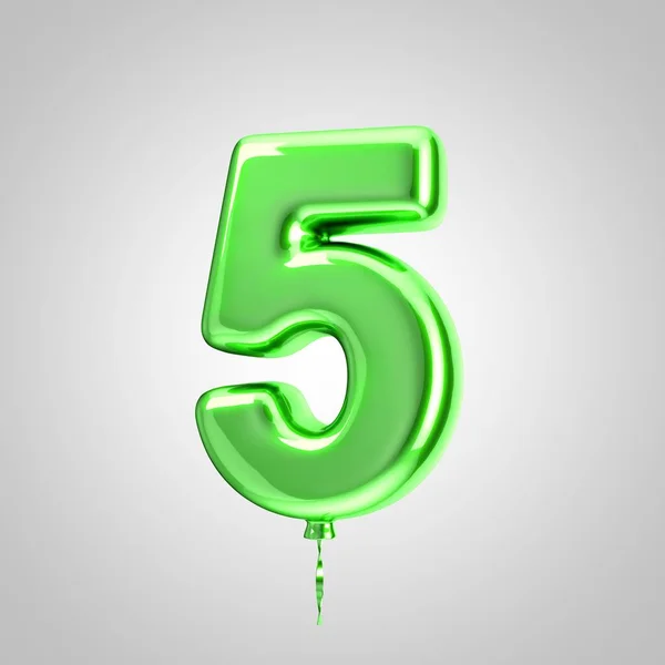 Balão verde metálico brilhante número 5 isolado sobre fundo branco — Fotografia de Stock
