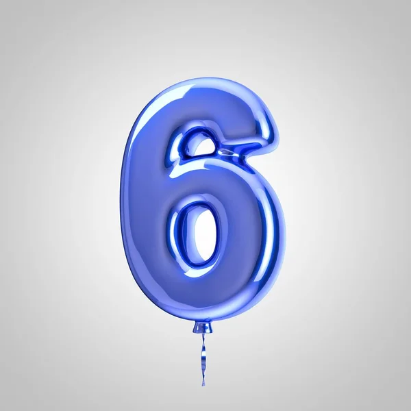 Błyszcząca metaliczna niebieska balon numer 6 na białym tle — Zdjęcie stockowe