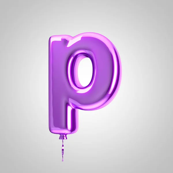 Блискуча металева фіолетова кулька літери P нижній регістр ізольовано на білому тлі — стокове фото