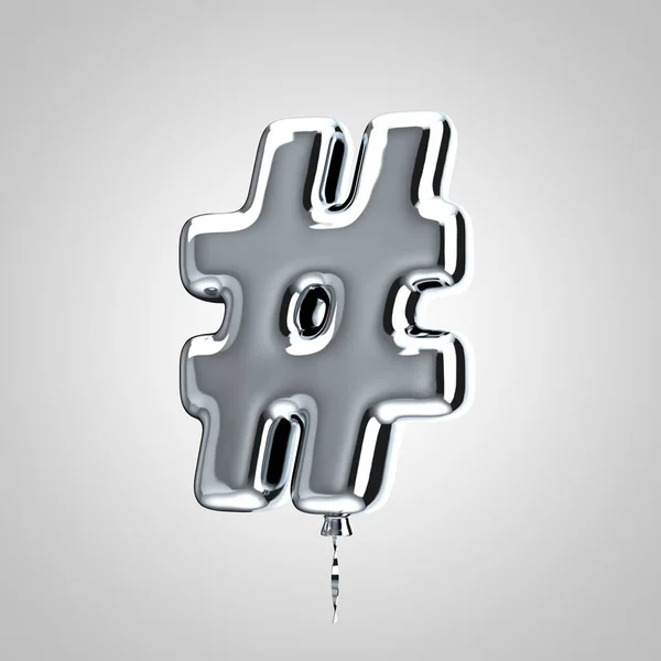 Shiny metallic chrome balloon hashtag symbol isolated on white background