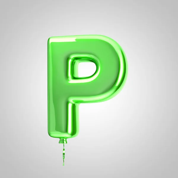 Shiny metallic green balloon letter P uppercase isolated on white background
